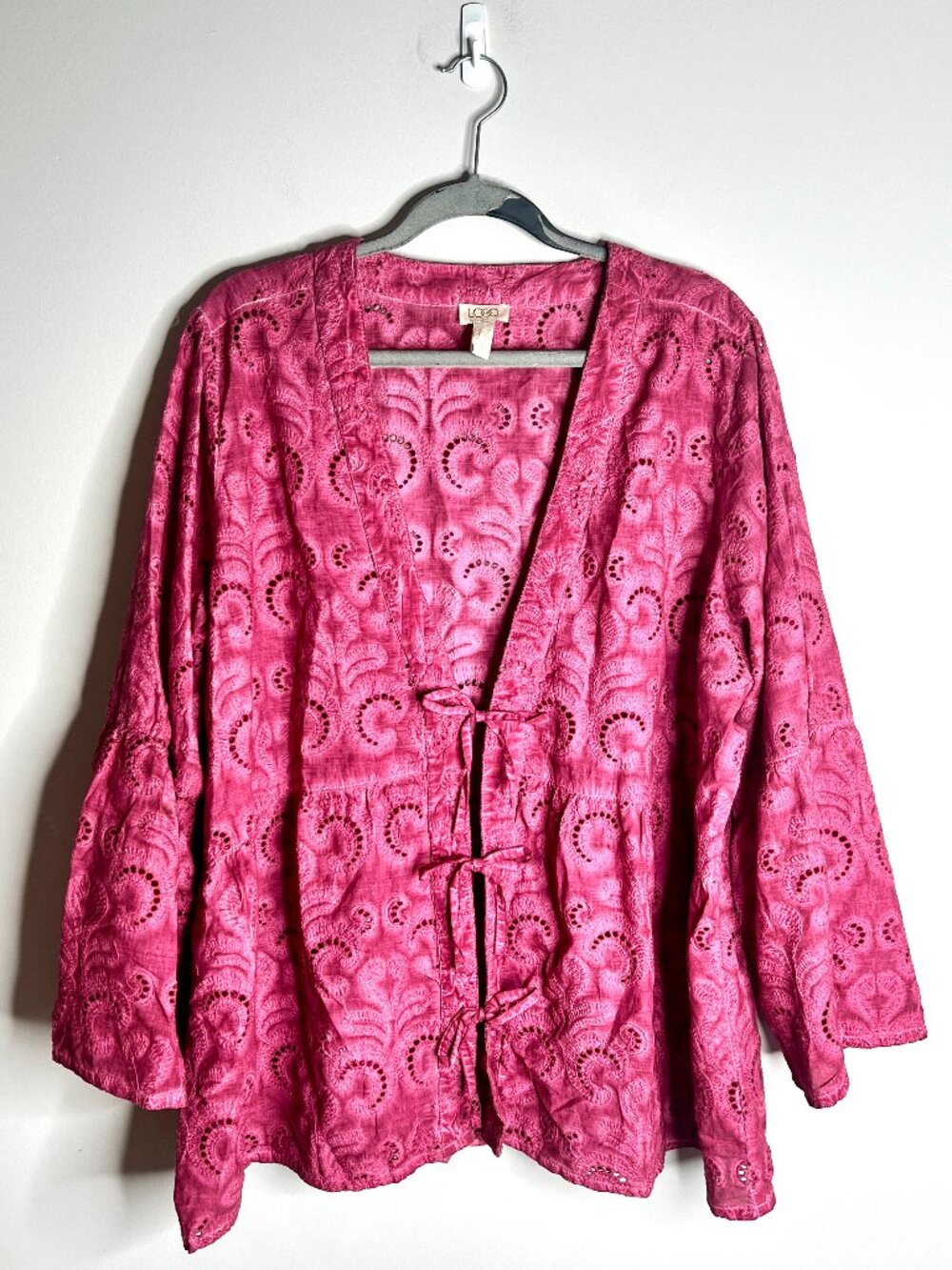 LOGO Lavish Rose Pink Embroidered Eyelet Jacket Topper Boho Fall Transition 2X